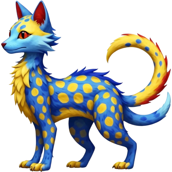 red blue and yellow spotted silly fantasy feline-vernid-sergal-fursona animal creature with a tufted tail full body with intricate markings  emoji