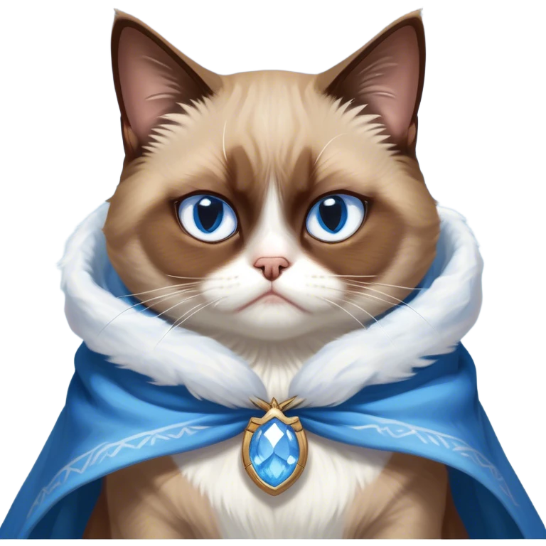 Cinematic Meme-Worthy Grumpy Brown Mantle Snowshoe Cat Portrait Emoji, Head held high but eyes filled with dramatic disappointment, soft brown fur draped like a cape, white paws planted firmly in defiance, signature grumpy cat frown perfectly etched on its face, icy-blue eyes radiating pure disapproval, Simplified yet hilariously over-exaggerated features, highly detailed, glowing with an aura of supreme annoyance, high shine, exhausted yet judgmental, stylized with an almost regal pettiness, bright but brooding, soft glowing outline, capturing the essence of a feline that has seen it all and is thoroughly unimpressed, so meme-worthy it feels like it could instantly become the next viral sensation of grumpiness! emoji