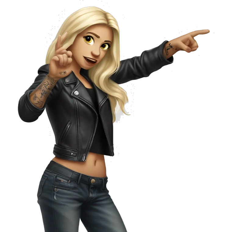 Blonde women with LONG HAIR, in Leather Jacket, Body Covered with Tattoos, POINTING YOU FORWARD with her HAND with INDEX FINGER, Hyper Realistic emoji