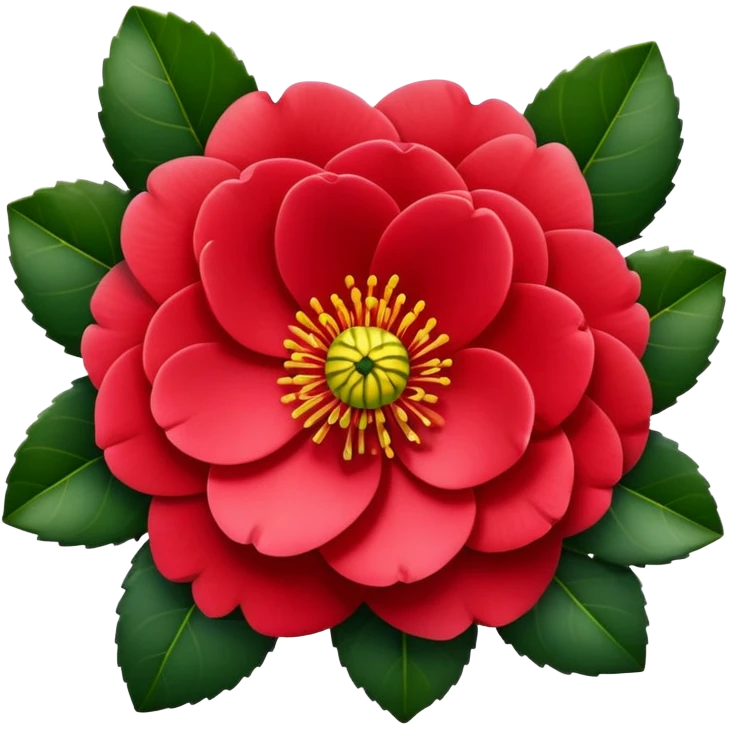 Classic camellia flower with perfectly arranged overlapping red petals, distinctive yellow stamens in center, and serrated glossy dark green leaves emoji