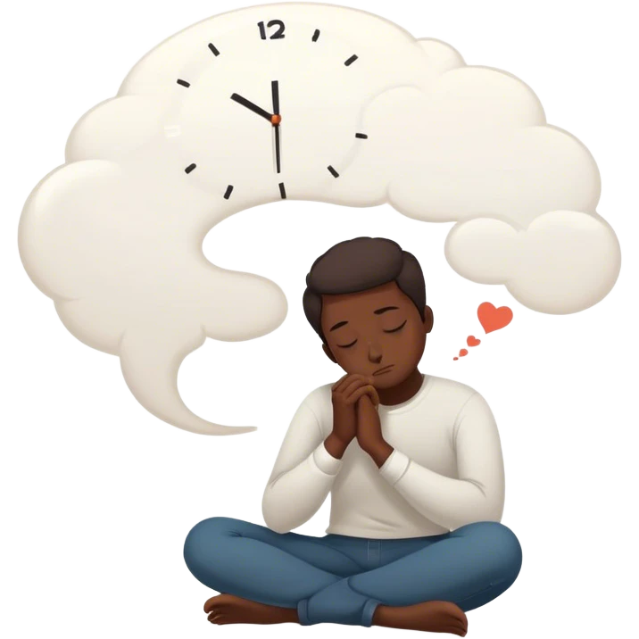 A person sits with their hands gently resting on their lap, eyes closed, exhaling slowly. Above them, a swirling thought bubble holds the words guilt and discomfort, but they don’t push it away—they just sit with it. In the background, a clock ticks softly, symbolizing the pause before responding. = emoji
