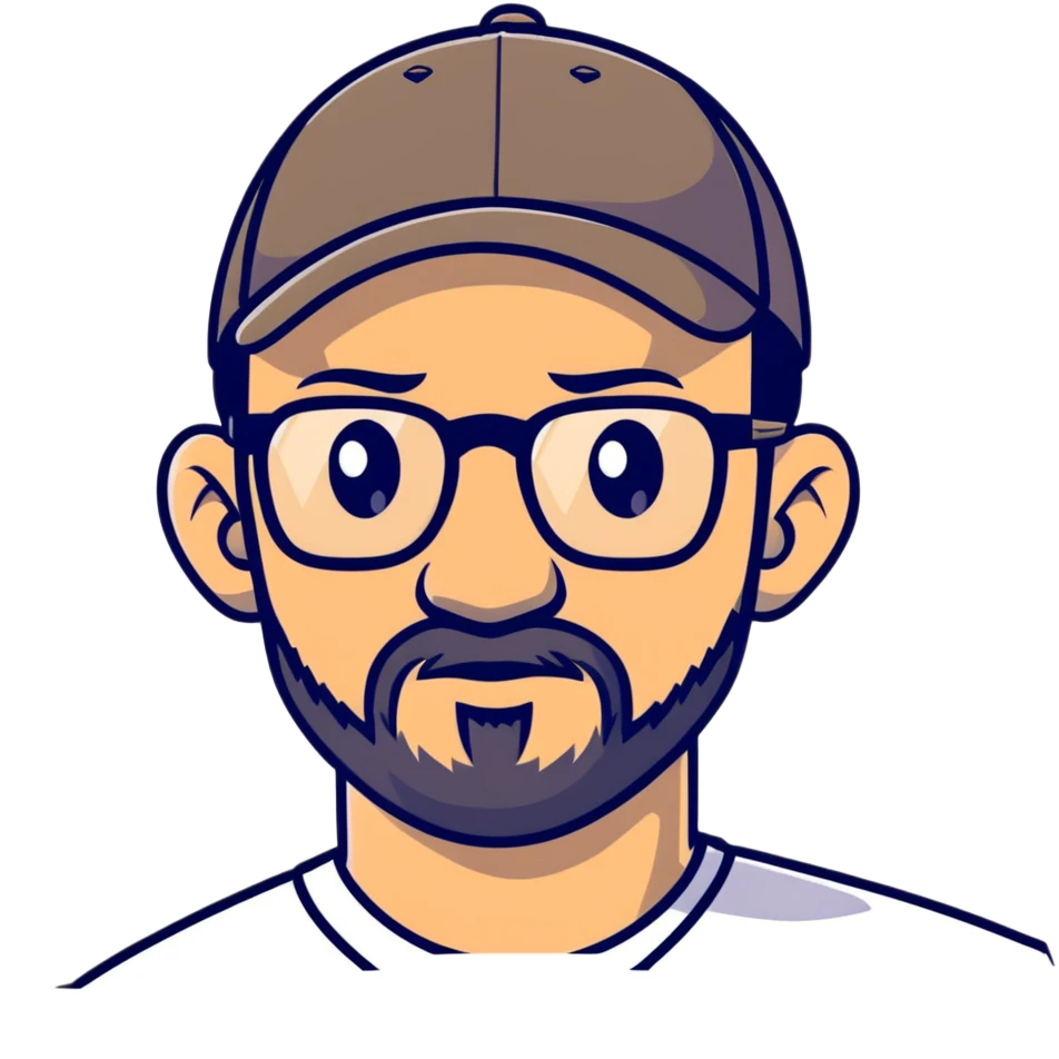 adventurer with goatee beard (no beard on cheeks), short hair, glasses and backwards baseball cap emoji