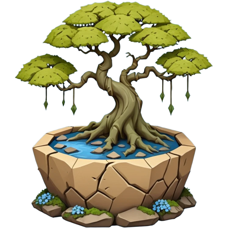 Bare Alien landscape mudman very old broken cracked intricate Stone Age rocky-crusted irregular dodecagon-shaped shallow dark moss rough bark blue weeping willow flowered maple tree bonsai pot emoji