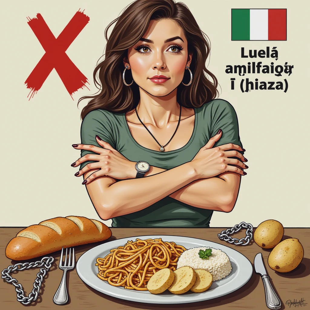realistic style woman crossing arms and looking away from a plate with bread, pasta, rice, and potatoes, symbols of refusal including a red Italian X and chains, Italian text if present emoji