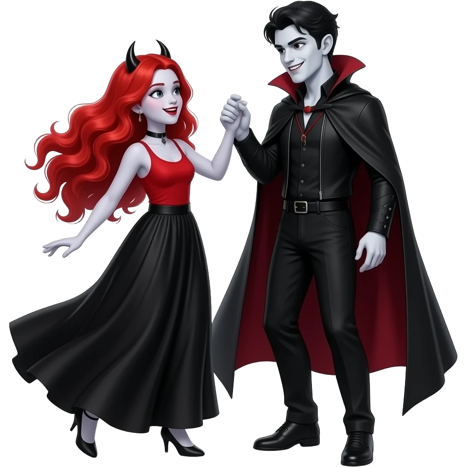 Vampiro femmina adolescente con capelli lunghi rosso fuoco ondulati con pelle bianca con gonna lunga nera e top canottiera rossa che balla con il suo fidanzato VAMPIRO emoji