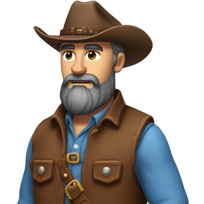 a rugged cowboy with a thick beard, wearing a blue vest over a classic western shirt and a brown belt with a silver buckle. He should have a confident stance, exuding a strong and adventurous frontier spirit. emoji