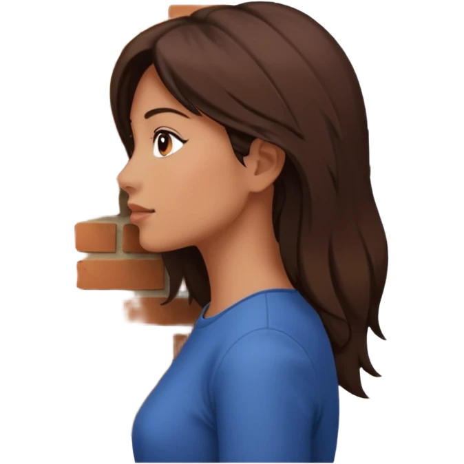 woman side profile standing next to a brick wall of which she is both just behind and just outside of, looking past the edge of the brick wall into the empty space emoji