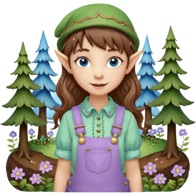 Kind happy whimsical quirky Girl toymaker, wood carving elf. Woodland nature creator. Blue eyes. brown hair (short just-below chin length) wavy hair & bangs. Whimsical playful cute. Overalls with nature embroidered cute shirt collar. Light green, light purple and light blue colour aesthetic  emoji