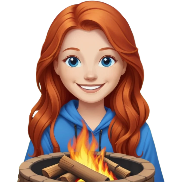 Very Happy redhead with long hair and blue eyes beside fire pit in backyard emoji