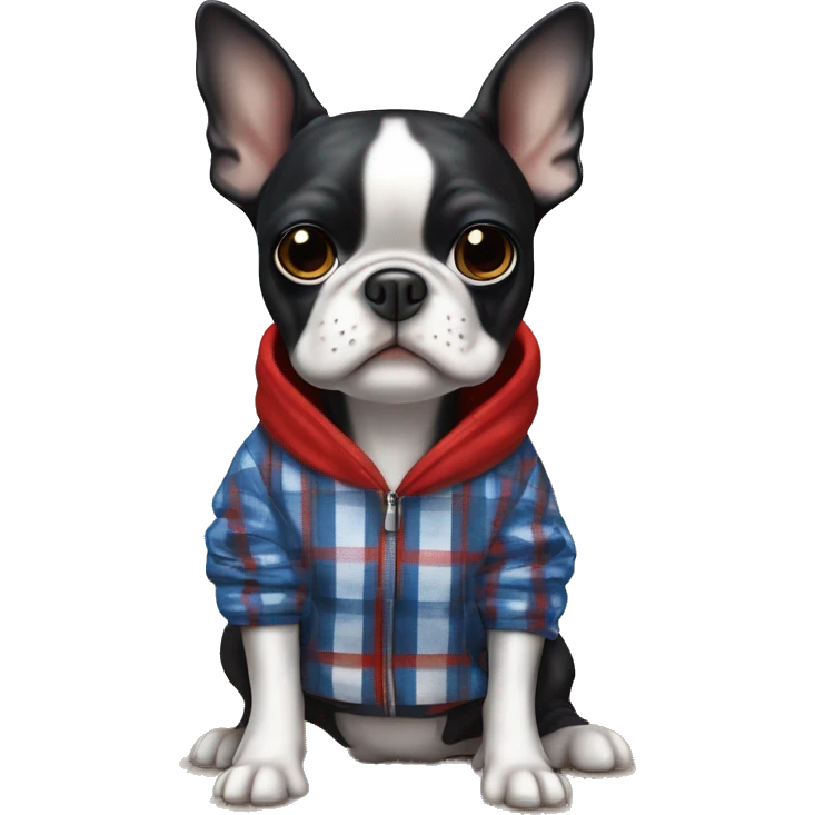 Boston terrier in a blue white red plaid hoodie ￼ emoji