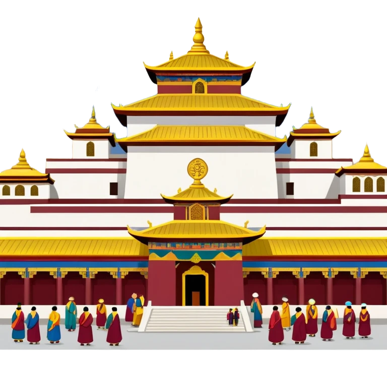 Lhasa Jokhang Temple Tibet with pilgrims, simplified emoji style with bold outlines and bright colors, cartoon style golden roof temple emoji