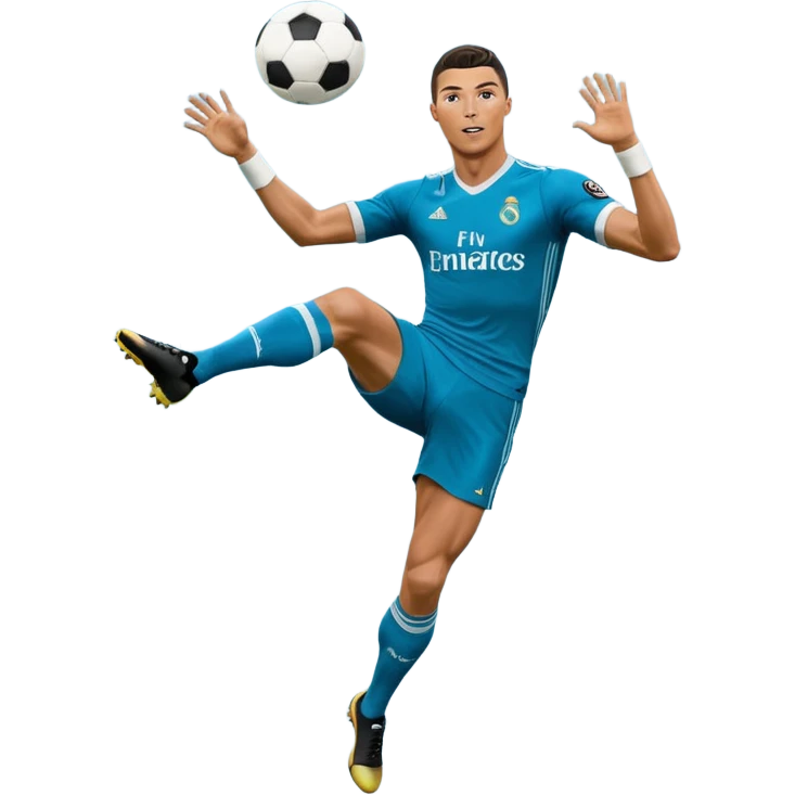 Ronaldo doing a bicycle kick with football in mid air While wearing a Retro blue Real madrid kit and yes i want it to be exactly the same as he Scored it in 2018 vs Juventus and please make it Realistic  emoji