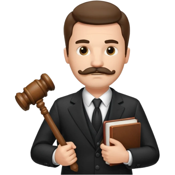 Create a male lawyer. he is wearing a fromal suit jckeret. He is holding a gavel in one hand and a book tucked under his another arm. He has a mustache and BEARD both! emoji