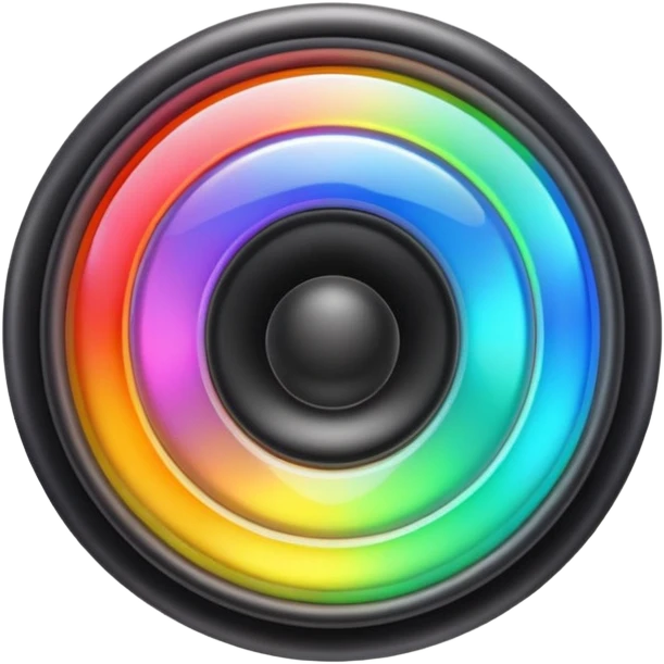A speaker emoji 🔊 with a smooth CD-like surface that reflects rainbow iridescent colors, glowing RGB light ring around the edge, shiny plastic body, prismatic reflections shifting across the front, soft sparkles and light gleams, holographic sheen, clean simple shape, bright colorful highlights emoji