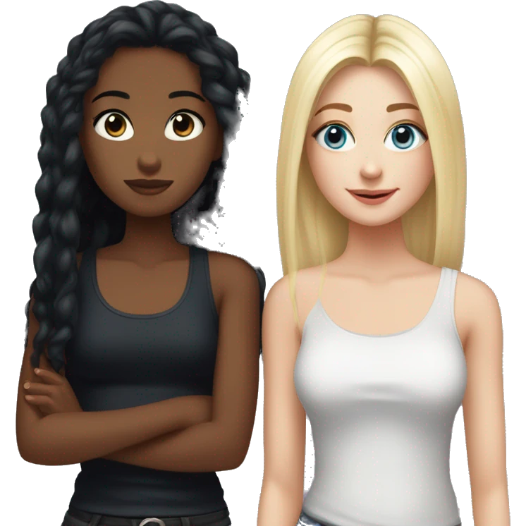 A girl with black hair and hazel eyes wearing a black tank top with her best friend who has straight blonde hair and dark blue eyes and is wearing black emoji