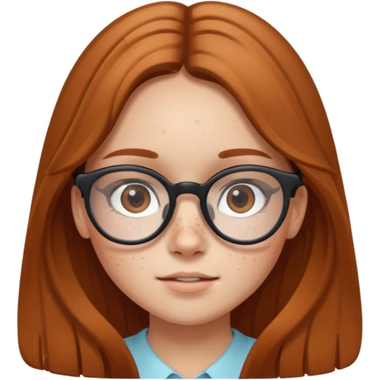 Une adolescente avec des taches de rousseurs, des grandes lunettes, des cheveux châtains clair longs et lisses et des yeux marrons  emoji