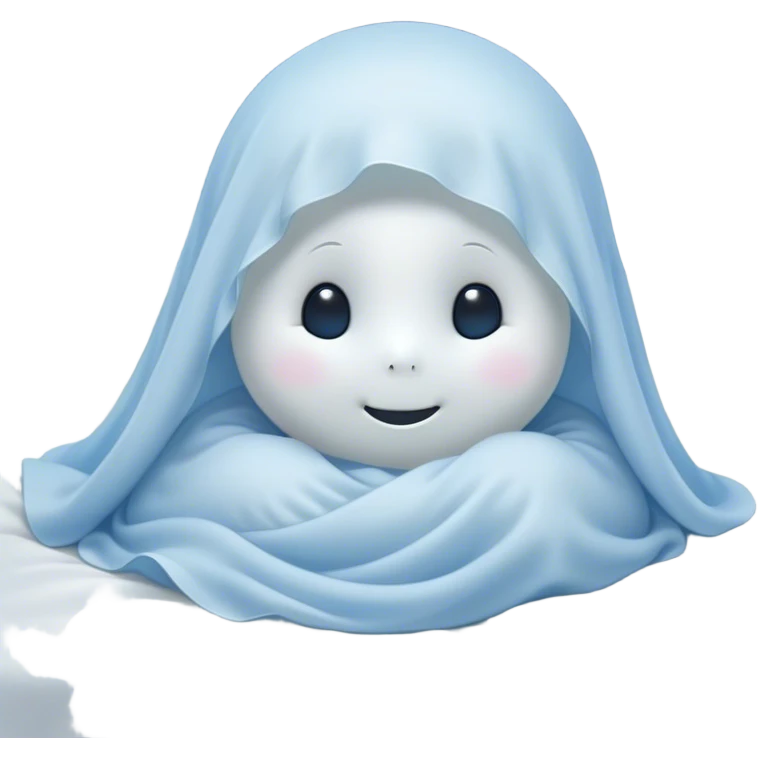 An adorable, peacefully floating sheet-like ghost in gentle pastel whites and blues, its soft, rounded form loosely draped, head resting with closed, serene sparkling eyes and a tiny, contented smile, simplified yet irresistibly charming, highly detailed, with a soft glowing outline that captures the essence of a sleepy, endearing spirit wrapped in cozy slumber! emoji