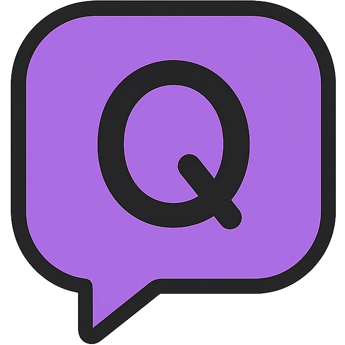 purple chat box bubble with a Q for question, modern icon style, clean and friendly emoji
