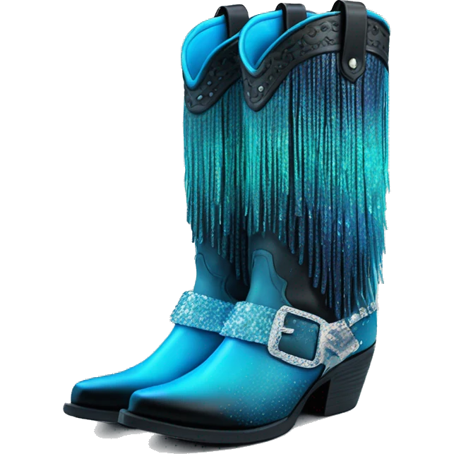 Realistic neon blue to black ombre pair of fashion cowgirl boots with sparkly shiny glitter fringe on them. emoji