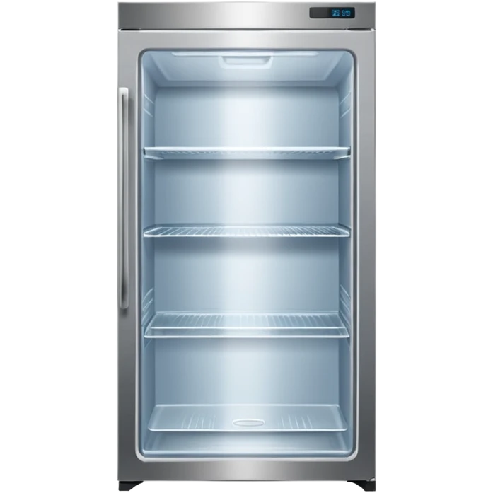 A refrigerator with a transparent front glass divided into three compartments, empty and unoccupied. The refrigerator faces forward. emoji