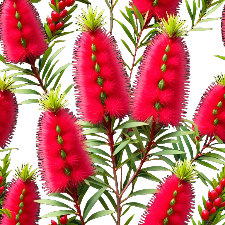 Cinematic Realistic Callistemon Emoji, Vibrant and striking, with spiky red flowers resembling a bottlebrush. The slender leaves create a fine backdrop to the bold blooms, while the plant exudes energy and vitality. Soft glowing outline, capturing the essence of strength, color, and natural beauty in a brilliant callistemon tree! emoji