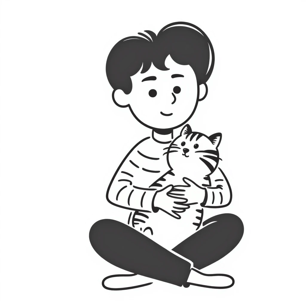 A boy sitting cross-legged with a tabby cat in his lap emoji