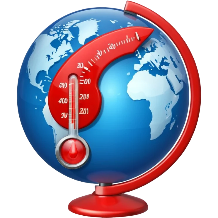 Blue Earth sphere, tilted. Prominent, oversized, fiery red thermometer/gauge, embedded. Indicator peaking 'danger' zone emoji