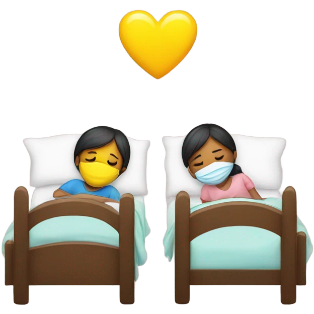 Two children, sick, each in their own bed, wearing masks, one Boy, one girl,, at home, get well soon sign with yellow heart emoji