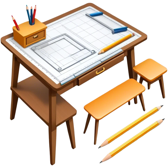 Icon for Furniture Design: a furniture drawing with 3D models of furniture pieces placed on top, accompanied by rulers and a pencil. The icon should represent the design process with focus on precision and modeling. Transparent background. emoji
