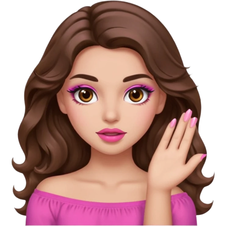 girl with long wavy brown hair, brown eyes, long lashes makeup, sexy pink lips, light to medium complexion, pink sexy top,slapping emoji