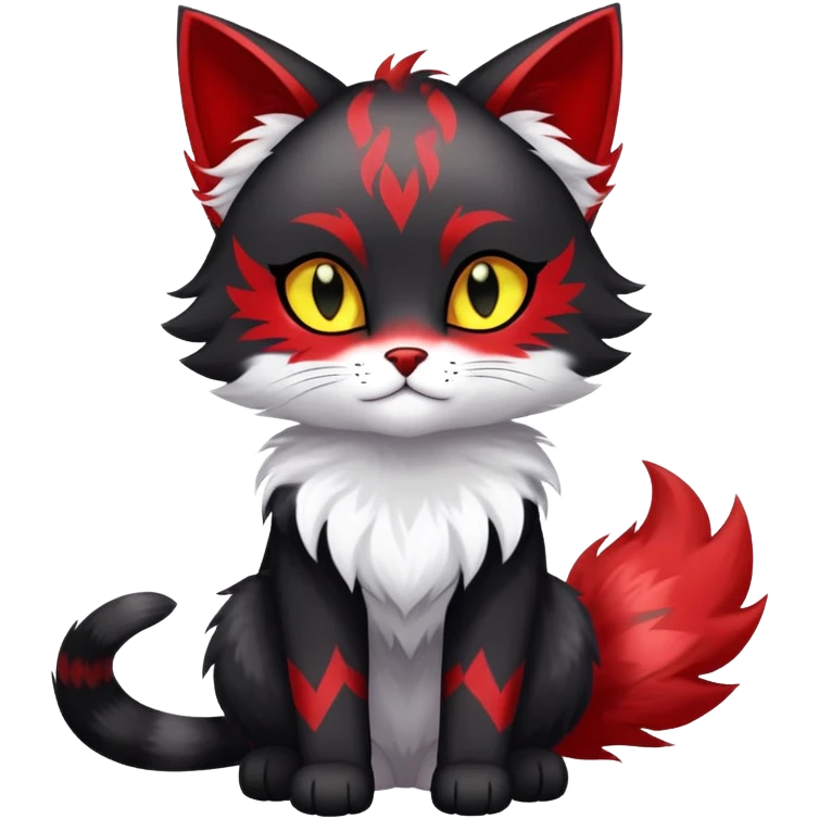 black Shiny Fionbri-Falvie-sparkle-feline-sona with yellow eyes, red edgy markings full body fursona emoji