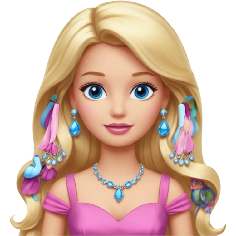 barbie, long blonde hair, pink dress, with blue eyes,different dress,ear rings, jewelry. emoji