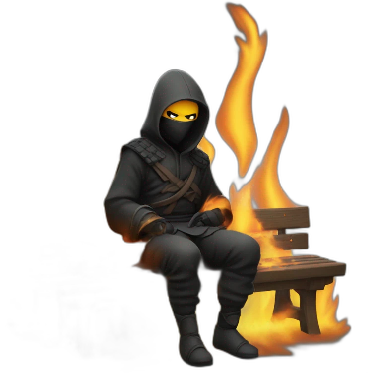 ninja sitting on bench on fire with letters raining emoji
