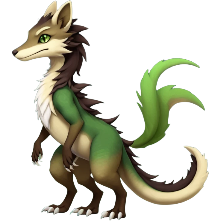 Brown and beige badass elegant wild beautiful natural cute badass epic exotic anthro modern furry 2-legged sergal-vernid-creature, full body, dark-brown-black-gradient pretty hair, with a long tufted tail, green eyes, aesthetic, art by LiLaiRa, art by art by Falvie emoji