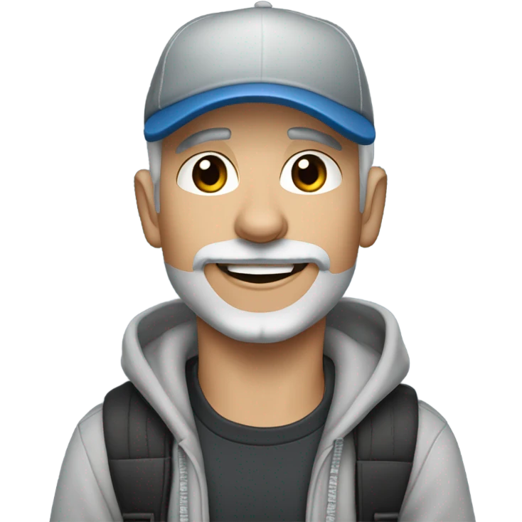 blue eyed man gray hair gray goatee wearing ball cap holding black long haired chihuahua emoji