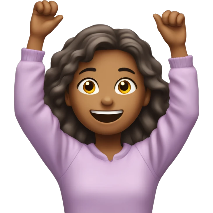 Happy girl wakes up in a bad and stretches her hands up in the air  emoji