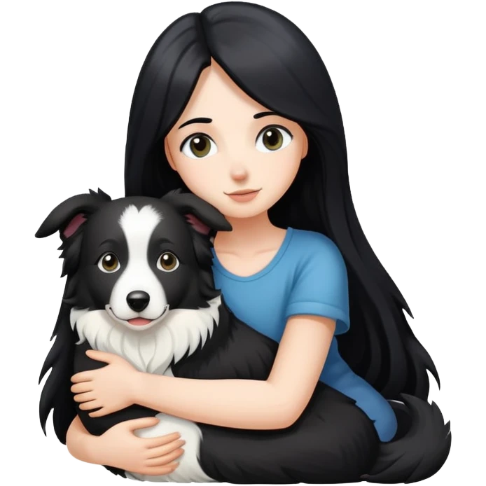A white girl with long black  hair tightly hugged a Border Collie emoji