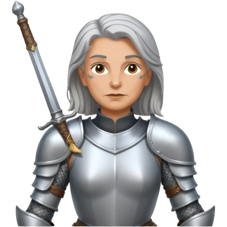 elderly tattooed knight, tattooed shoulder, long hair, female emoji