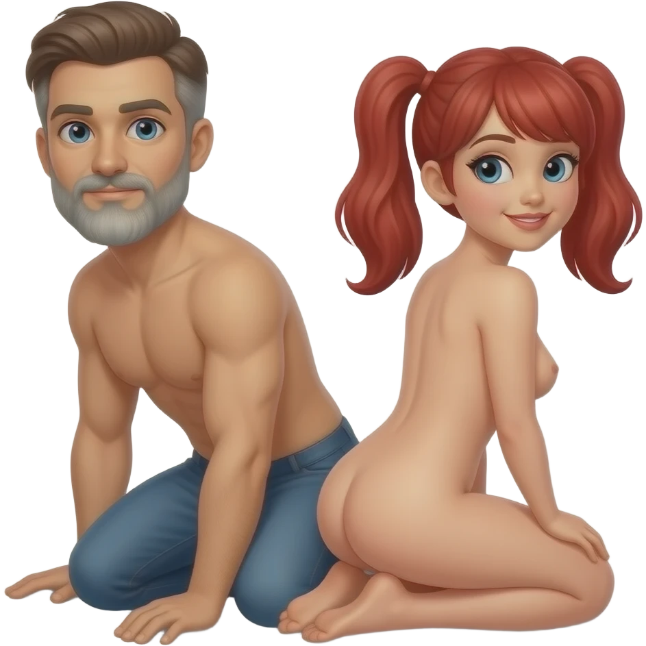 Couple in love, male witih brown hair and long salt and pepper beard, woman with red hair and pig tails.  They are nude doing doggy style looking back at the camera. emoji