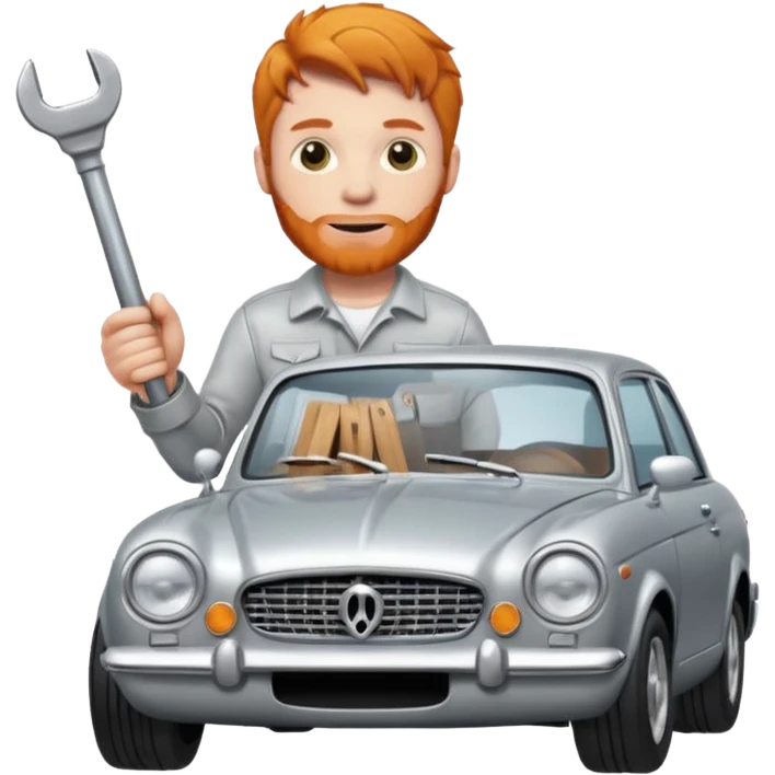 Ginger man standing next to silver car holding a spanner  emoji