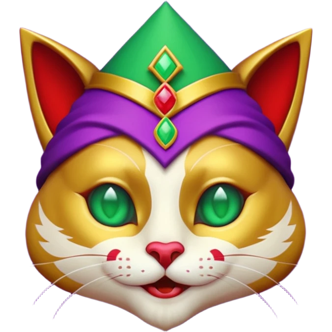 crazy colorful cute little cat jolly joker from poker, medieval, vintage, court jester, mac os icon, purple, gold and red color, half body, emerald green ice eyes. Squared shape as 3D mac os icon, symmetrical emoji