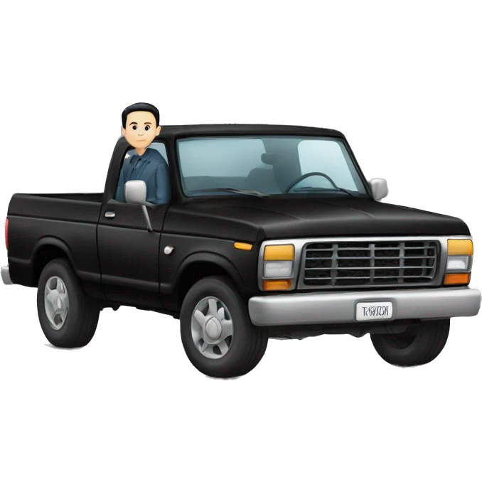 A man with pale skin and black hair, sitting on top of a black Ford car emoji