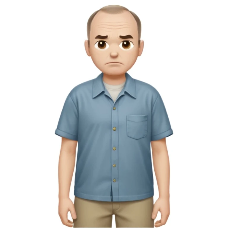 Carl from Sling Blade, full body, 3/4 angle, slouching posture, chin sticks out farther, grimacing, hands in pockets emoji