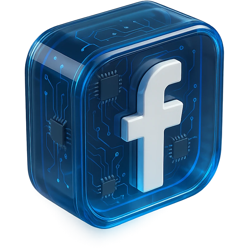 Glossy circuit-themed Facebook icon with blue glowing accents, transparent background emoji