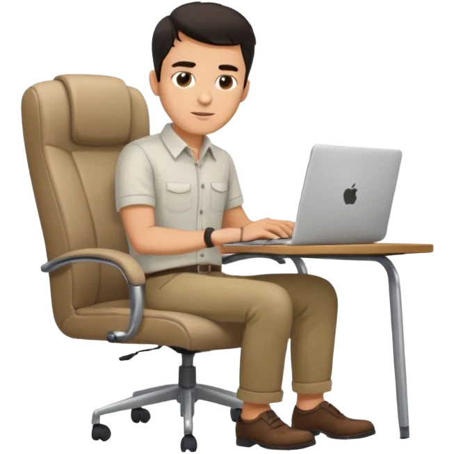 Rich man sitting on a chair, working at desk with laptop in office, in shirt, dark hair, he is german very beautiful looks like, full body view emoji