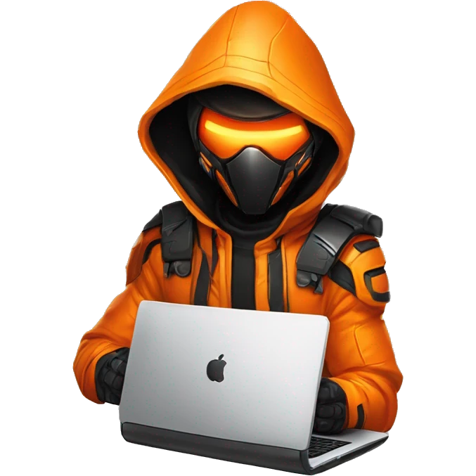  developer behind his laptop with this style : crysis Cyberpunk Valorant orange glowing bright orange character orange black hooded assassin themed character emoji