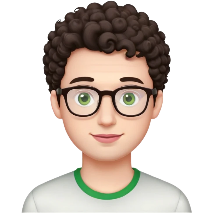 Young man with dark brown curlier poofy hair (same style but more curls), green eyes wearing glasses, wide face with eyes set apart, bigger ears, very pale skin, slightly bigger nose, fuller darker pink lips with a smile, and very light stubble emoji