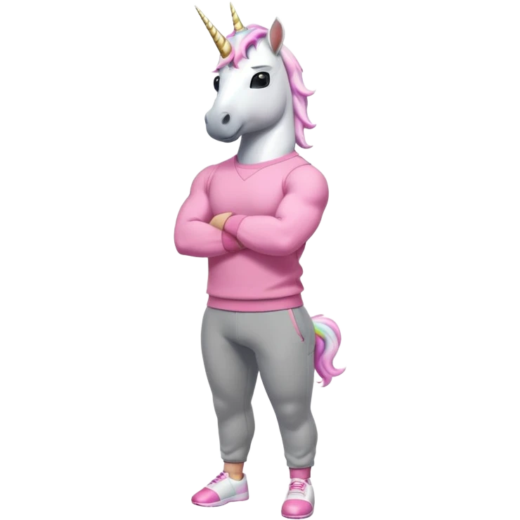friendly anthropomorphised male white unicorn with a fit, chunky, muscular and strong physique, arms and legs matching the white of the head, wearing grey tracksuit pants and pink jumper, sunglasses, standing with arms folded emoji