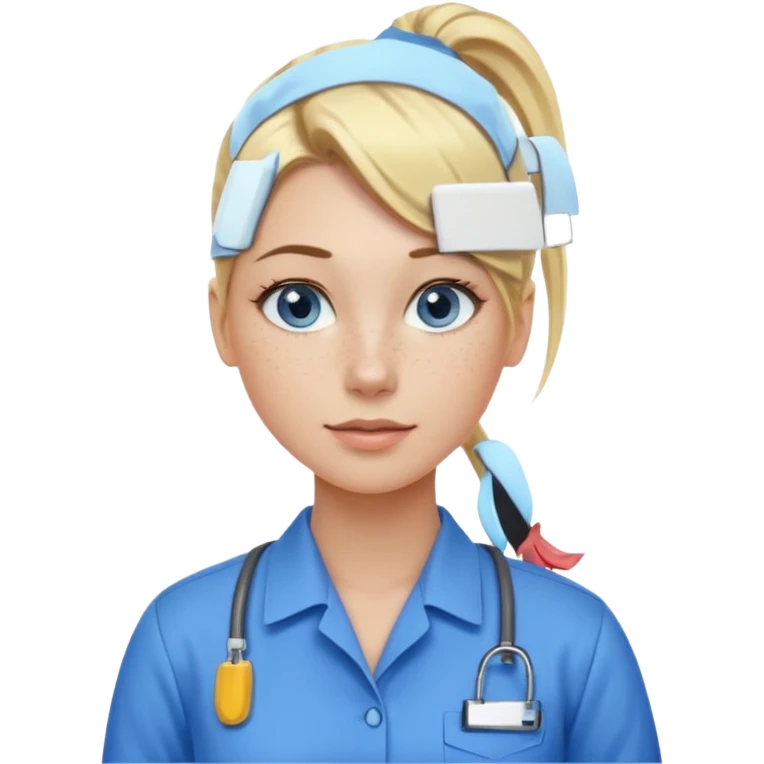 Just a head, blonde hair with lowlights in a ponytail, blue eyes, some freckles, a little older female ready to get some tasks done at work, no body and just one pony high on the back of the heard emoji