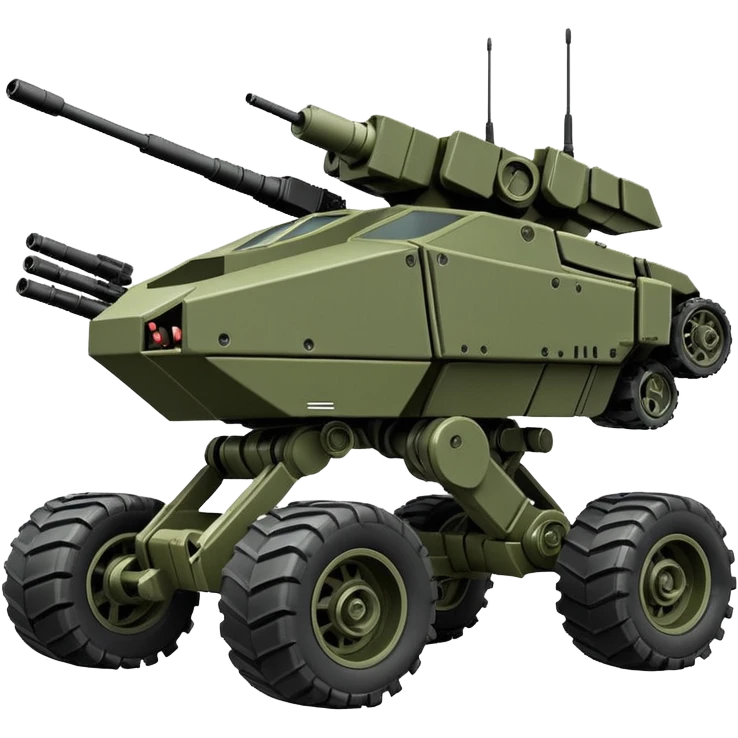 a roomy 4-wheel armored personnel stealth camouflage army massive mech trail vehicle shooting forward side-hill leaning actively articulating independent suspended pod gimbal enemy mech off-road racing rover with large fast engine RC basher megatron  emoji